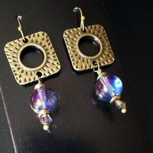 $10 CLEARANCE! Bronze Dangle Earrings w. Purple Hued Beads + Crystals
